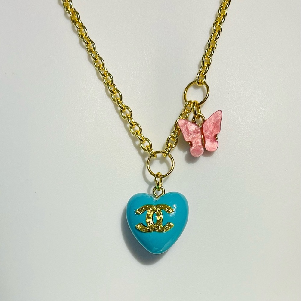 Chanel Gold Necklace with Blue Heart and Pink Butterfly